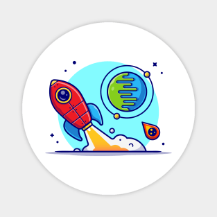 Rocket Taking Off with Planet and Meteorite Cartoon Vector Icon Illustration Magnet